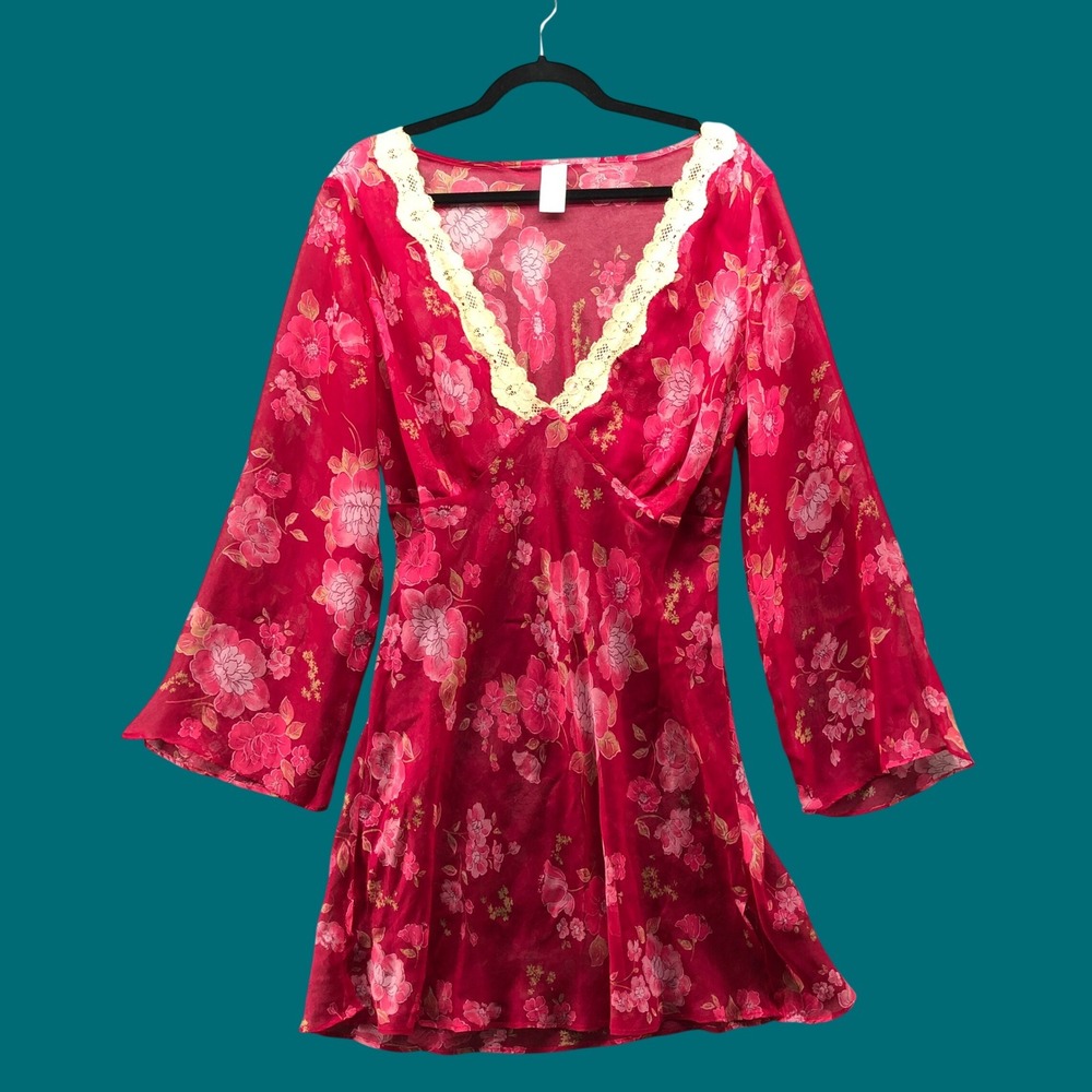Vintage Y2K Whimsigoth Sheer Floral Chiffon Lace Babydoll Mini Dress 1X